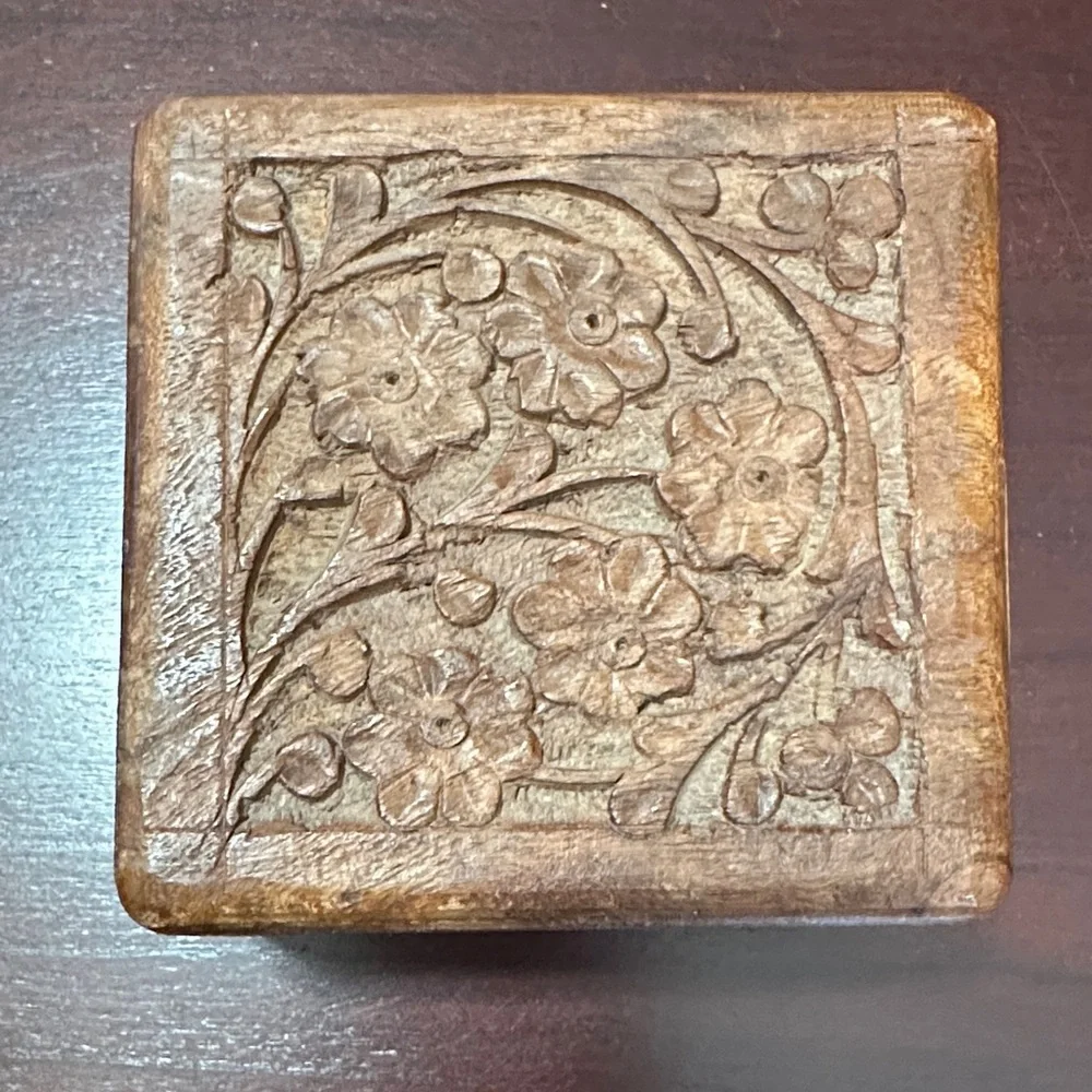 Carved Floral Wooden Trinket Box in Warm Brown